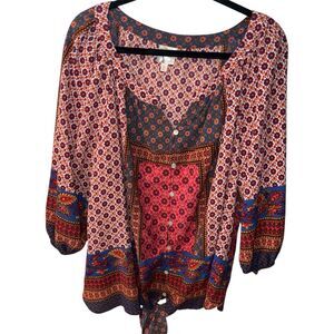 Fig & Flower Blouse Womens Plus Sz 3X Button Up Tapestry Floral Tie Waist Boho